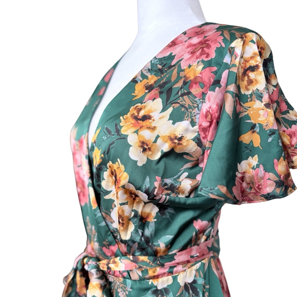 New Nikole Miller NY Floral Wrap Satin Midi Dress Ruffle Green Sz 8 Festival - Picture 5 of 9